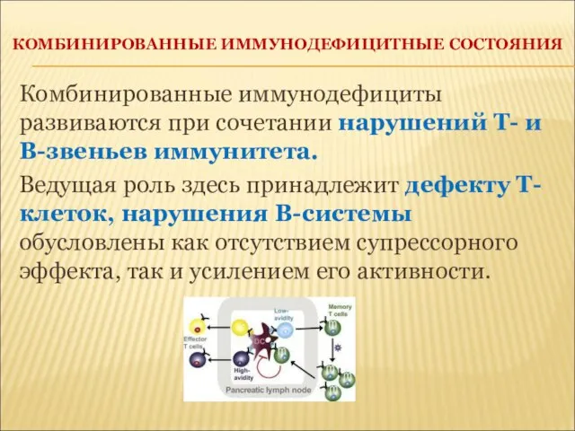 КОМБИНИРОВАННЫЕ ИММУНОДЕФИЦИТНЫЕ СОСТОЯНИЯ Комбинированные иммунодефициты развиваются при сочетании нарушений Т- и В-звеньев