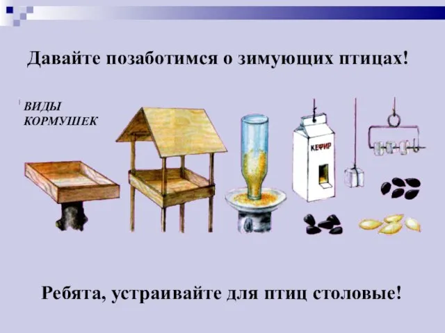 Давайте позаботимся о зимующих птицах! Ребята, устраивайте для птиц столовые! ВИДЫ КОРМУШЕК