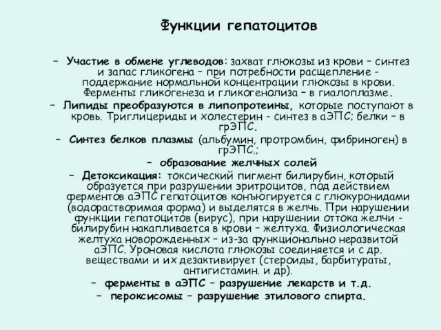 Функции гепатоцитов Участие в обмене углеводов: захват глюкозы из крови – синтез