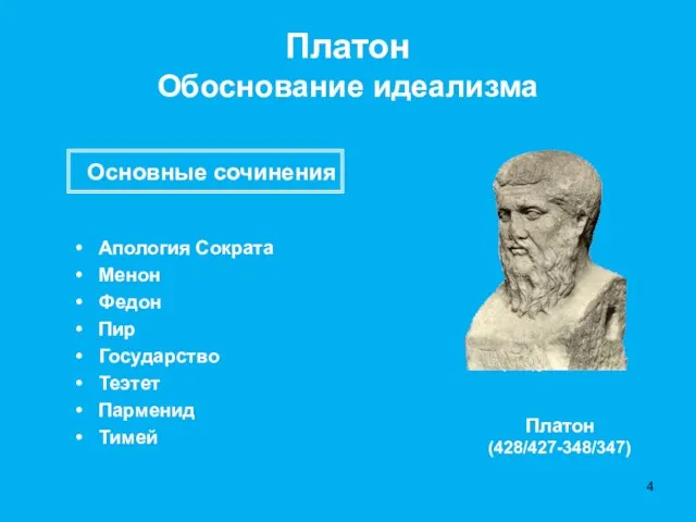 Платон Обоснование идеализма Апология Сократа Менон Федон Пир Государство Теэтет Парменид Тимей Платон (428/427-348/347) Основные сочинения