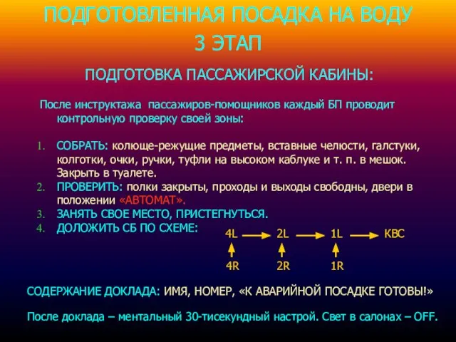 ПОДГОТОВЛЕННАЯ ПОСАДКА НА ВОДУ 3 ЭТАП ПОДГОТОВКА ПАССАЖИРСКОЙ КАБИНЫ: После инструктажа пассажиров-помощников