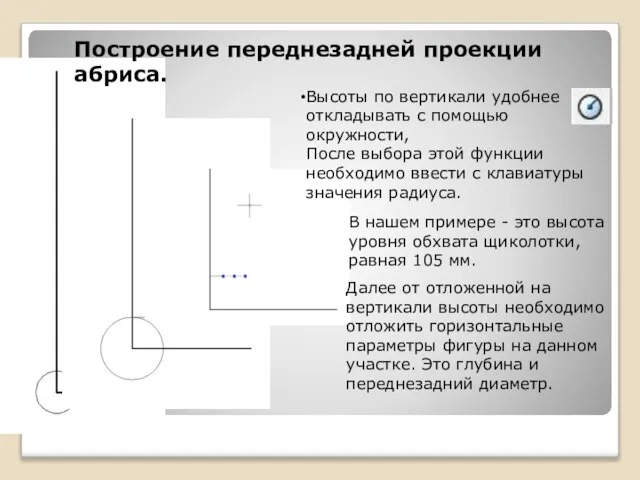 Построение переднезадней проекции абриса. Высоты по вертикали удобнее откладывать с помощью окружности,