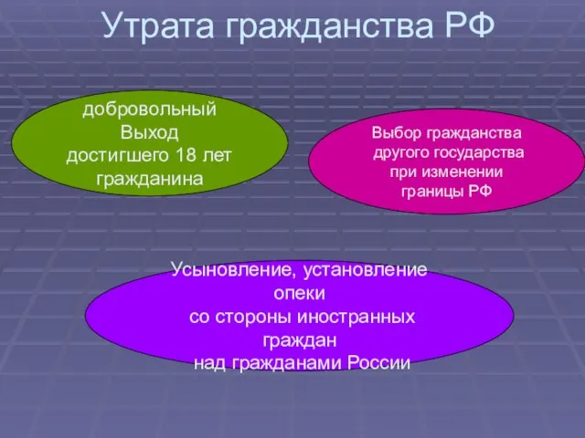 Утрата гражданства РФ добровольный Выход достигшего 18 лет гражданина Выбор гражданства другого