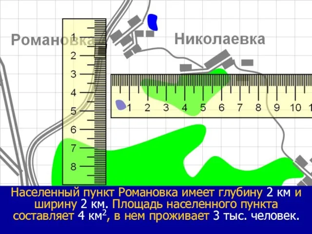 Населенный пункт Романовка имеет глубину 2 км и ширину 2 км. Площадь