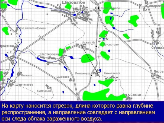 На карту наносится отрезок, длина которого равна глубине распространения, а направление совпадает