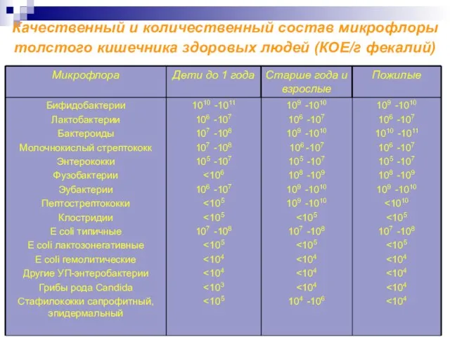 Качественный и количественный состав микрофлоры толстого кишечника здоровых людей (КОЕ/г фекалий)