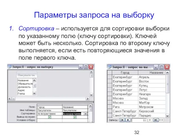 Параметры запроса на выборку Сортировка – используется для сортировки выборки по указанному