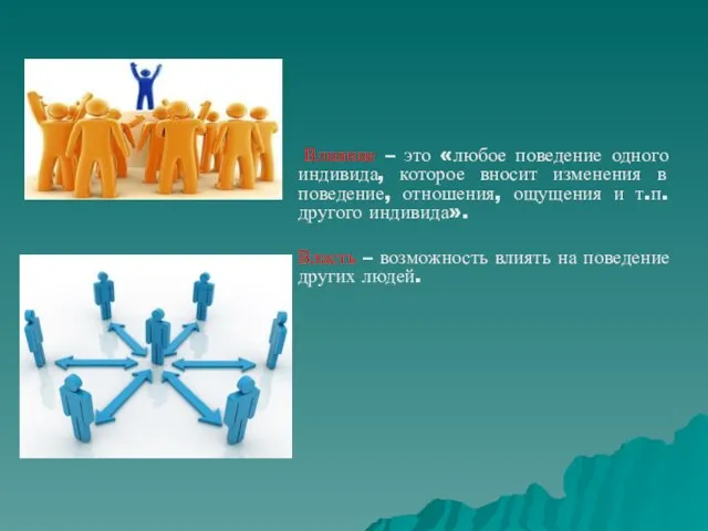 Влияние – это «любое поведение одного индивида, которое вносит изменения в поведение,