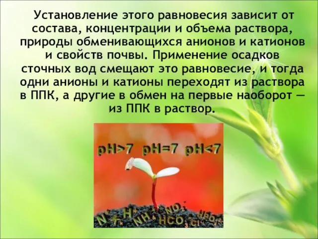 Установление этого равновесия зависит от состава, концентрации и объема раствора, природы обменивающихся