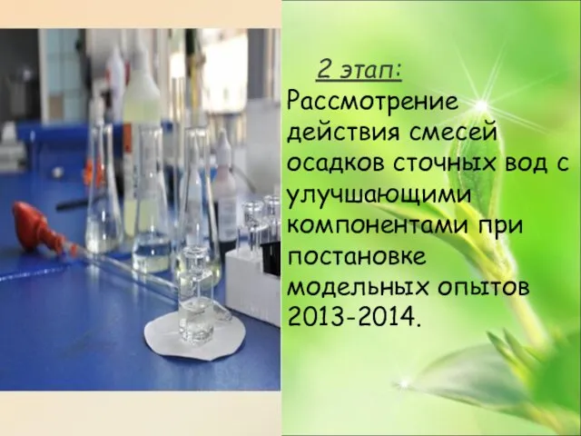 2 этап: Рассмотрение действия смесей осадков сточных вод с улучшающими компонентами при постановке модельных опытов 2013-2014.