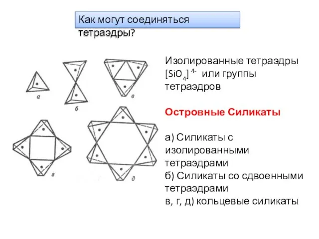 Как могут соединяться тетраэдры? Изолированные тетраэдры [SiO4] 4- или группы тетраэдров Островные