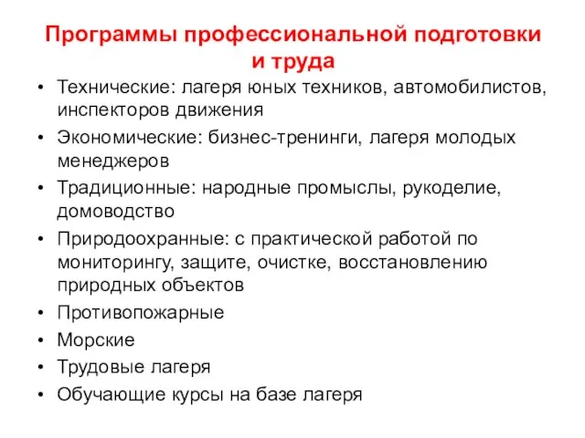 Программы профессиональной подготовки и труда Технические: лагеря юных техников, автомобилистов, инспекторов движения