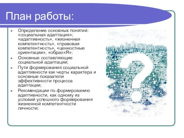 План работы: Определение основных понятий: «социальная адаптация»; «адаптивность», «жизненная компетентность», «правовая компетентность»,