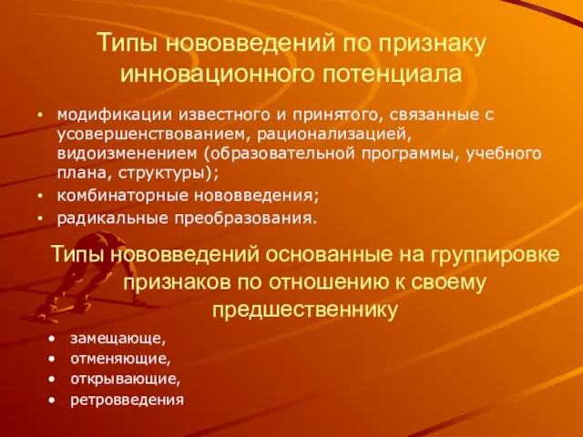 Типы нововведений по признаку инновационного потенциала модификации известного и принятого, связанные с