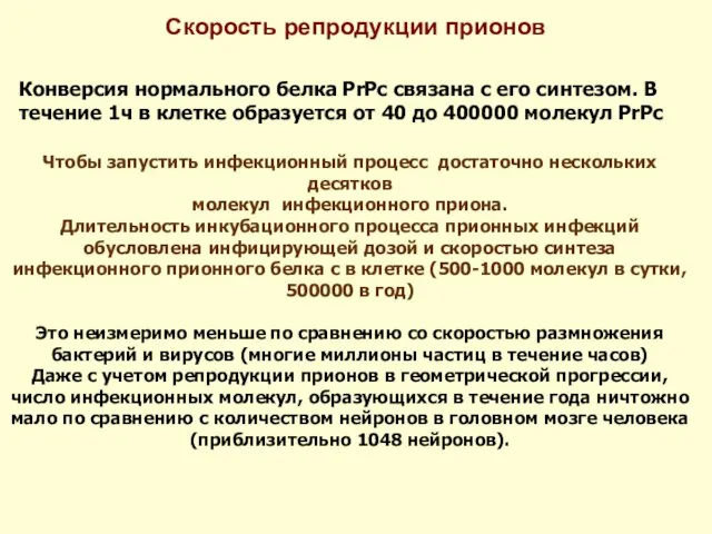 Скорость репродукции прионов Конверсия нормального белка PrPc cвязана с его синтезом. В