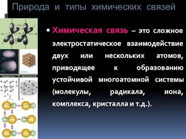 Природа и типы химических связей Химическая связь – это сложное электростатическое взаимодействие