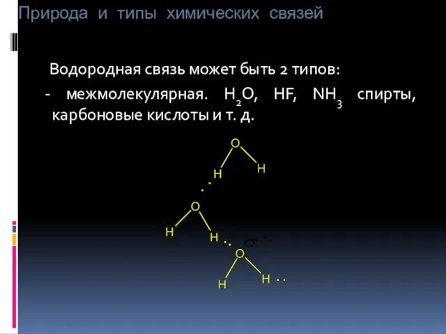 Природа и типы химических связей Водородная связь может быть 2 типов: -