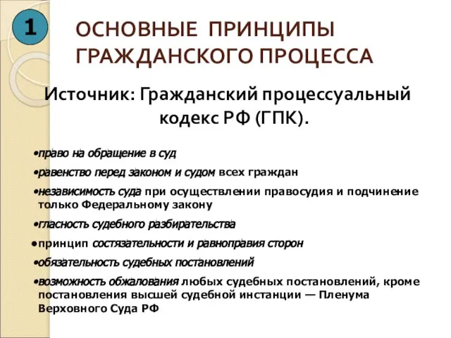 ОСНОВНЫЕ ПРИНЦИПЫ ГРАЖДАНСКОГО ПРОЦЕССА Источник: Гражданский процессуальный кодекс РФ (ГПК). 1 право