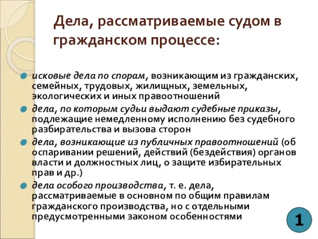 Дела, рассматриваемые судом в гражданском процессе: исковые дела по спорам, возникающим из