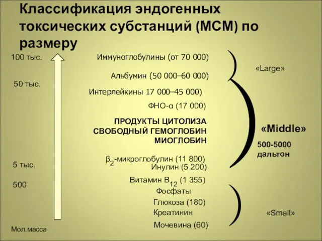 Классификация эндогенных токсических субстанций (МСМ) по размеру 100 тыс. 50 тыс. 5