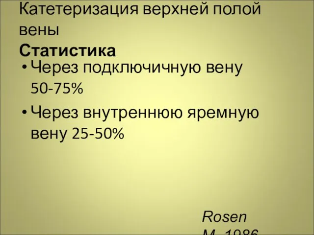 Катетеризация верхней полой вены Статистика Через подключичную вену 50-75% Через внутреннюю яремную вену 25-50% Rosen М.,1986