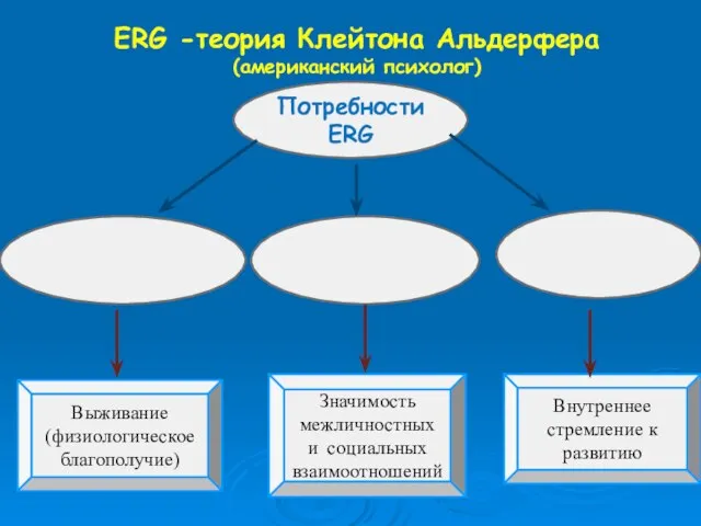 Потребности ERG Выживание (физиологическое благополучие) Значимость межличностных и социальных взаимоотношений Внутреннее стремление