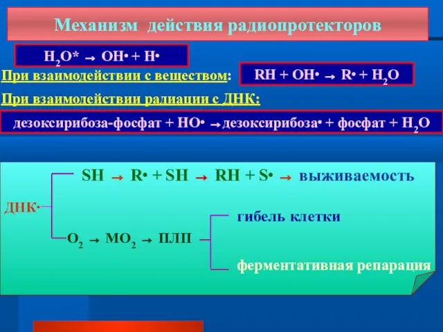 При взаимодействии с веществом: При взаимодействии радиации с ДНК: Механизм действия радиопротекторов