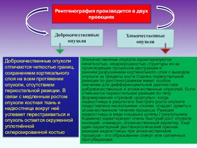 Рентгенография производится в двух проекциях Доброкачественные опухоли Злокачественные опухоли Доброкачественные опухоли отличаются