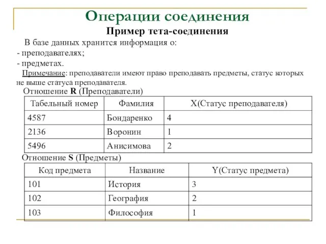 Операции соединения Пример тета-соединения В базе данных хранится информация о: - преподавателях;