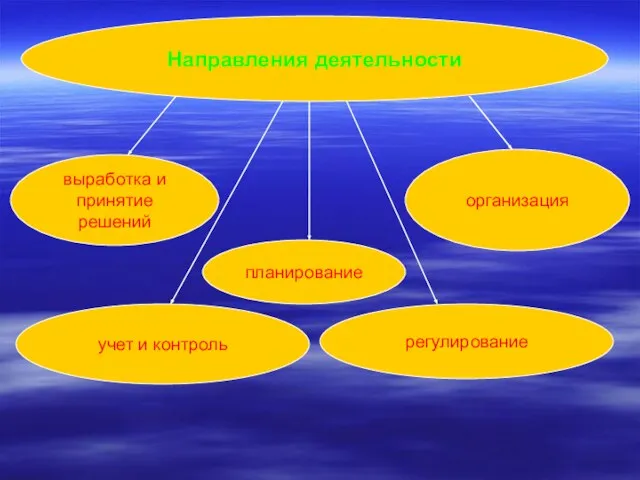 Направления деятельности выработка и принятие решений учет и контроль организация регулирование планирование