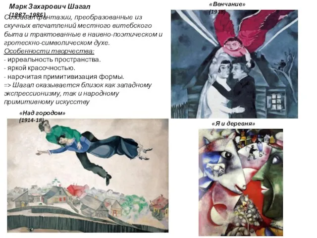 Марк Захарович Шагал (1887–1985) Создавал фантазии, преобразованные из скучных впечатлений местного витебского
