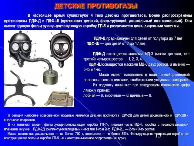 ДЕТСКИЕ ПРОТИВОГАЗЫ В настоящее время существуют 4 типа детских противогазов. Более распространены