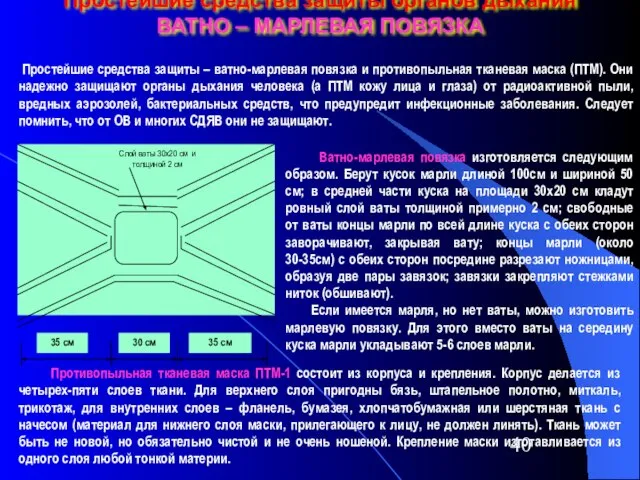 Простейшие средства защиты органов дыхания ВАТНО – МАРЛЕВАЯ ПОВЯЗКА Простейшие средства защиты