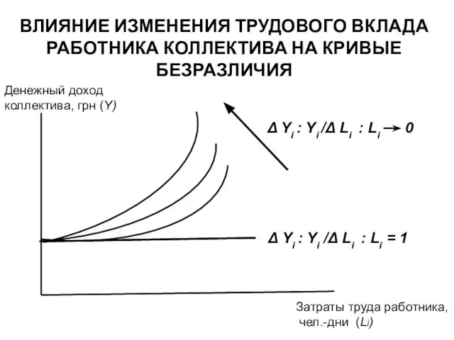 ВЛИЯНИЕ ИЗМЕНЕНИЯ ТРУДОВОГО ВКЛАДА РАБОТНИКА КОЛЛЕКТИВА НА КРИВЫЕ БЕЗРАЗЛИЧИЯ Денежный доход коллектива,