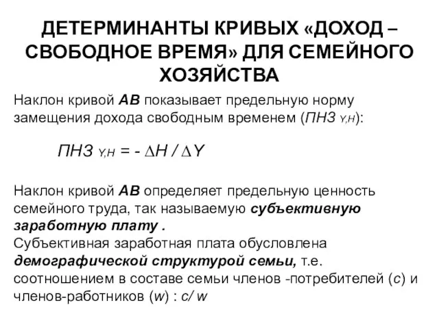 ДЕТЕРМИНАНТЫ КРИВЫХ «ДОХОД – СВОБОДНОЕ ВРЕМЯ» ДЛЯ СЕМЕЙНОГО ХОЗЯЙСТВА Наклон кривой АВ