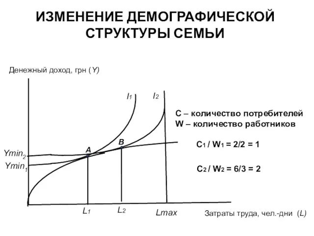 ИЗМЕНЕНИЕ ДЕМОГРАФИЧЕСКОЙ СТРУКТУРЫ СЕМЬИ Денежный доход, грн (Y) Затраты труда, чел.-дни (L)