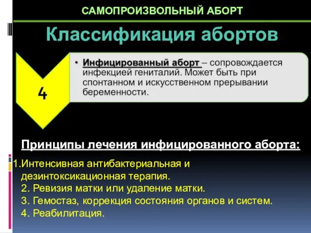 Классификация абортов Принципы лечения инфицированного аборта: Интенсивная антибактериальная и дезинтоксикационная терапия. 2.