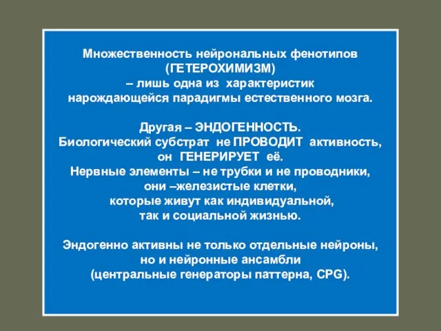 Множественность нейрональных фенотипов (ГЕТЕРОХИМИЗМ) – лишь одна из характеристик нарождающейся парадигмы естественного