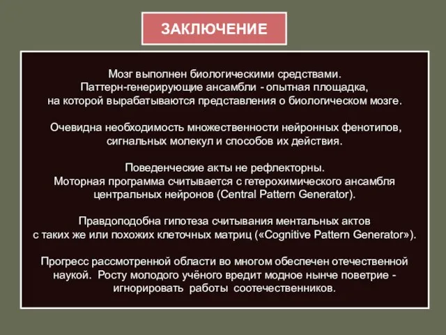 ЗАКЛЮЧЕНИЕ Мозг выполнен биологическими средствами. Паттерн-генерирующие ансамбли - опытная площадка, на которой