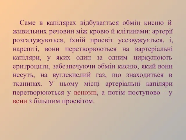 Саме в капілярах відбувається обмін кисню й живильних речовин між кровю й