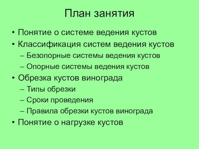 План занятия Понятие о системе ведения кустов Классификация систем ведения кустов Безопорные