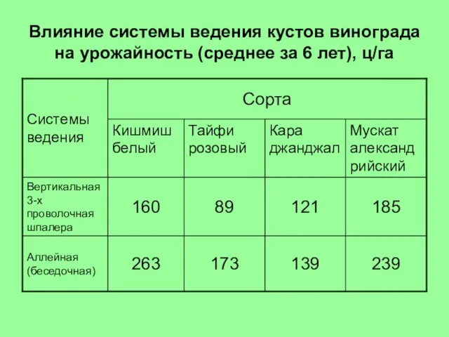 Влияние системы ведения кустов винограда на урожайность (среднее за 6 лет), ц/га