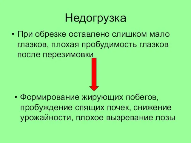 Недогрузка При обрезке оставлено слишком мало глазков, плохая пробудимость глазков после перезимовки