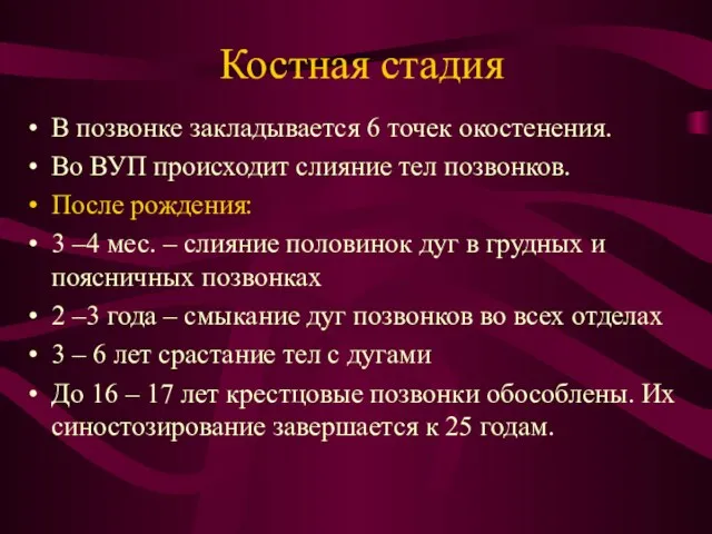 Костная стадия В позвонке закладывается 6 точек окостенения. Во ВУП происходит слияние