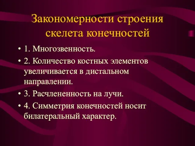 Закономерности строения скелета конечностей 1. Многозвенность. 2. Количество костных элементов увеличивается в