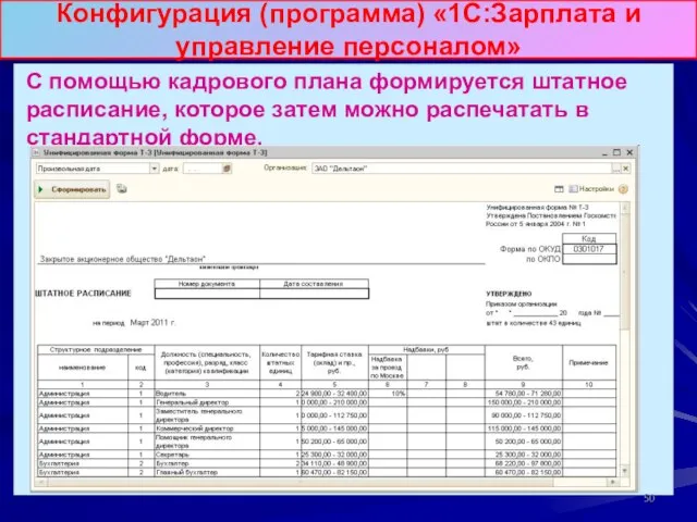 Конфигурация (программа) «1С:Зарплата и управление персоналом» С помощью кадрового плана формируется штатное