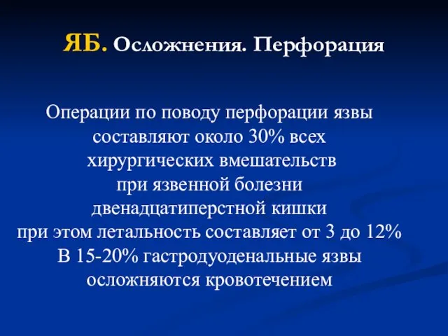 Операции по поводу перфорации язвы составляют около 30% всех хирургических вмешательств при