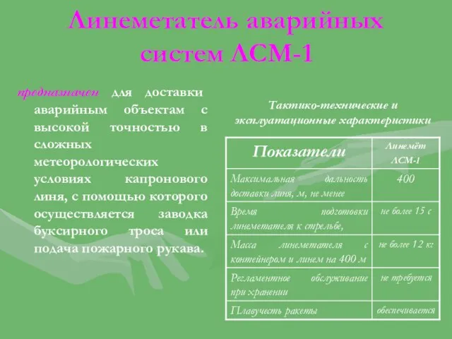 Линеметатель аварийных систем ЛСМ-1 предназначен для доставки аварийным объектам с высокой точностью