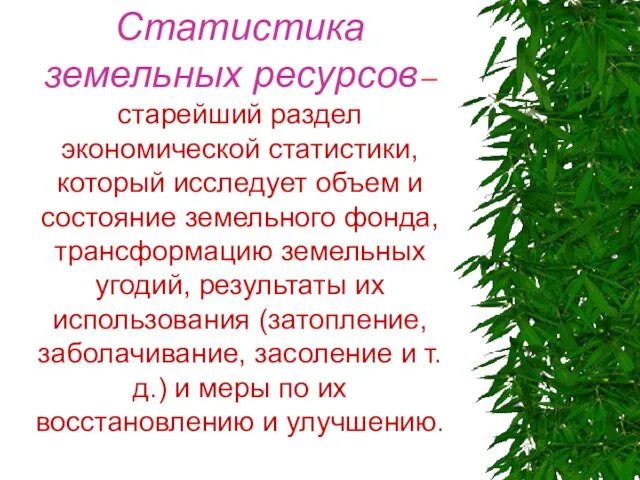 Статистика земельных ресурсов – старейший раздел экономической статистики, который исследует объем и