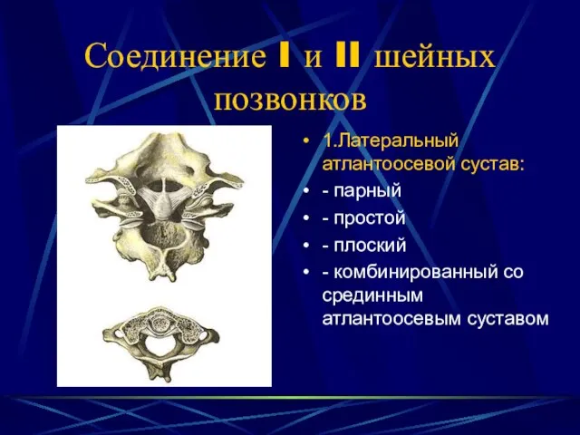 Соединение I и II шейных позвонков 1.Латеральный атлантоосевой сустав: - парный -